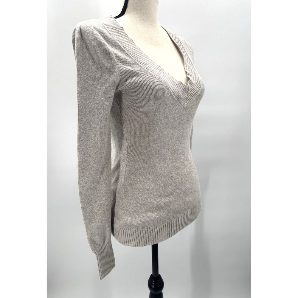 Y2K Express Deep V Sweater Small Oatmeal Knit Fisherman Preppy Coastal Beachy